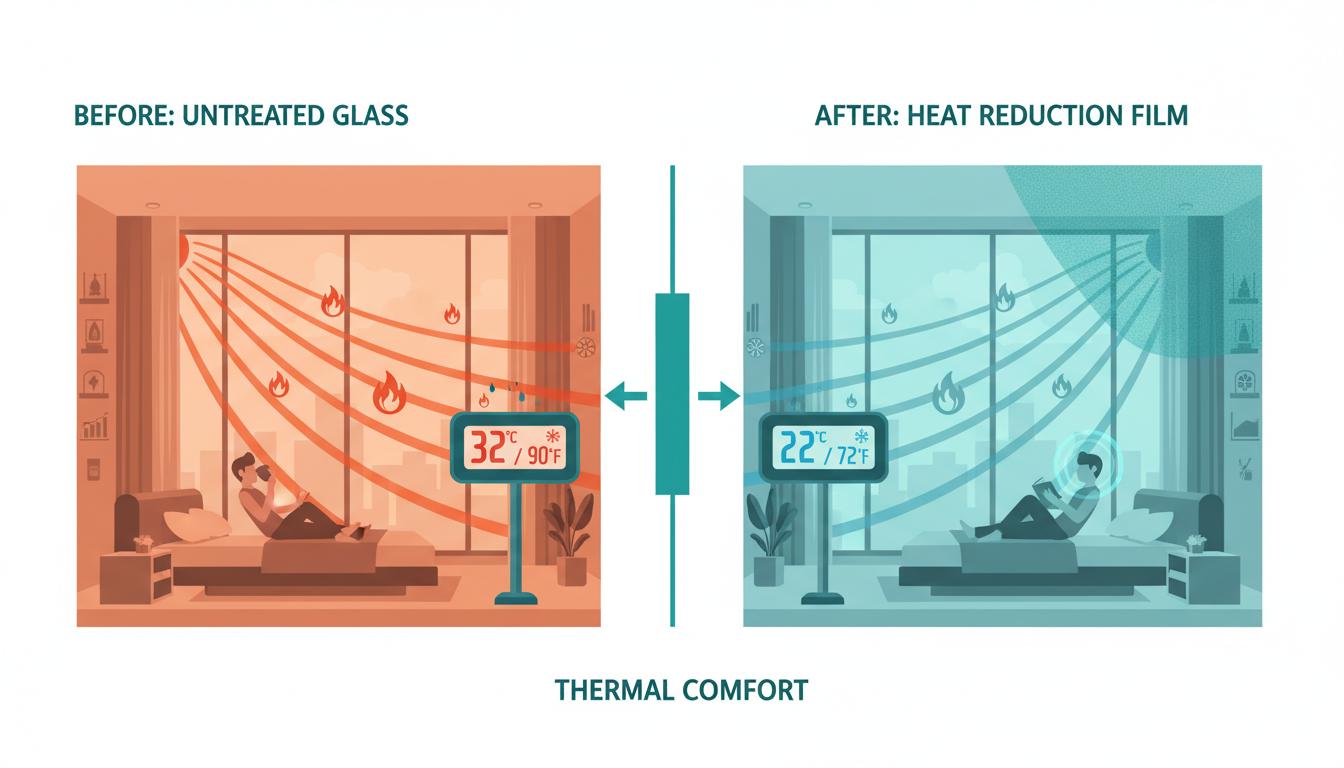 Visual comparison showing how heat control glass film reduces solar glare and temperature